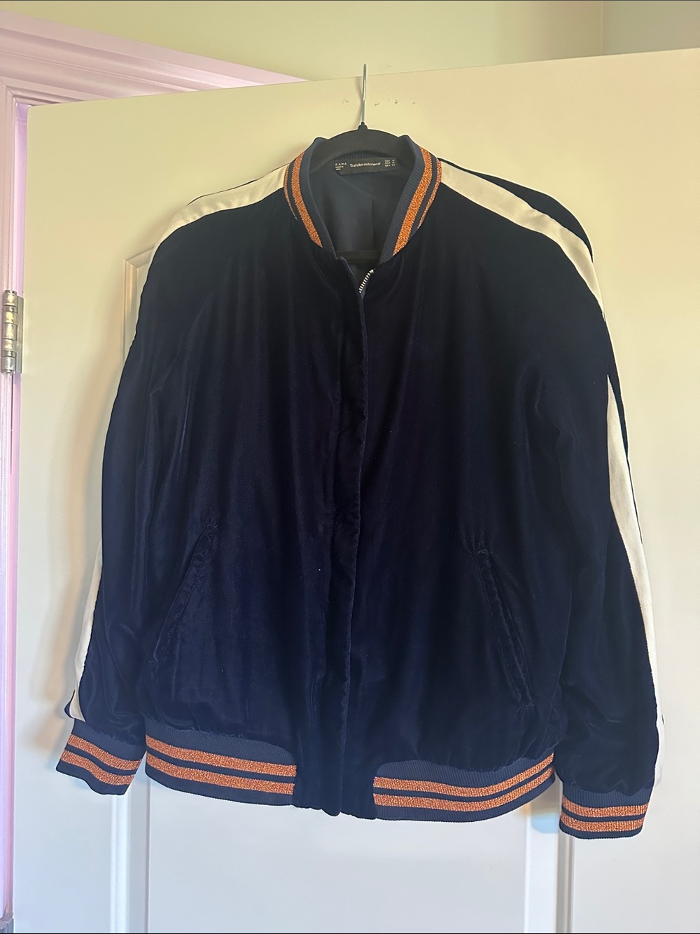 Zara Navy Velvet Bomber Jacket with White Panels and Orange Trim